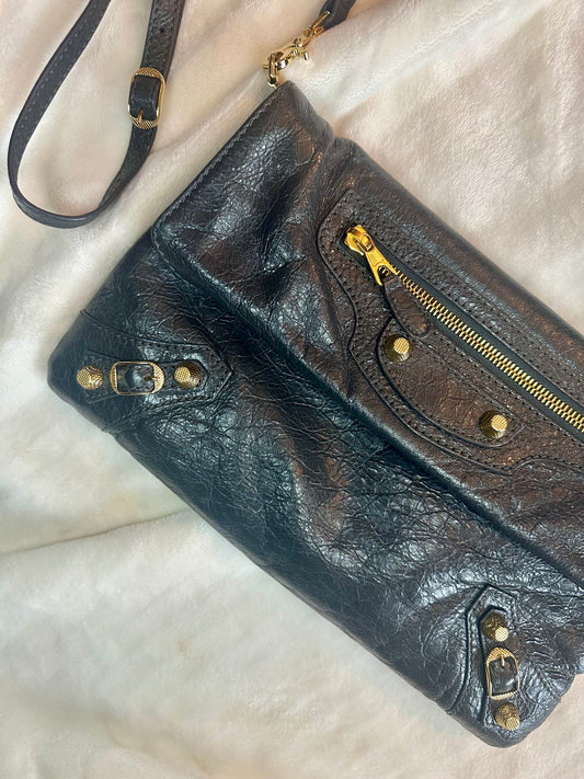 Balenciaga Dark Grey Shiny Calfskin Giant Envelope Crossbody Bag