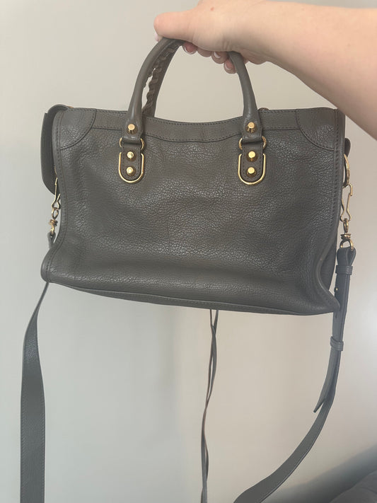 Balenciaga Small Grey Goatskin City Bag with Gold Metallic Edges