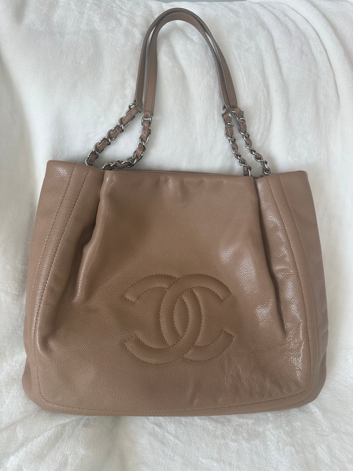 Chanel Pleated Timeless Tote in Tan Caviar Leather