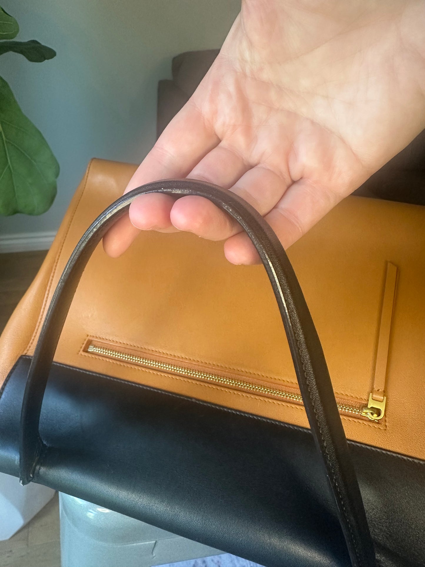 Céline large Belt bag in Camel brown and black calfskin leather
