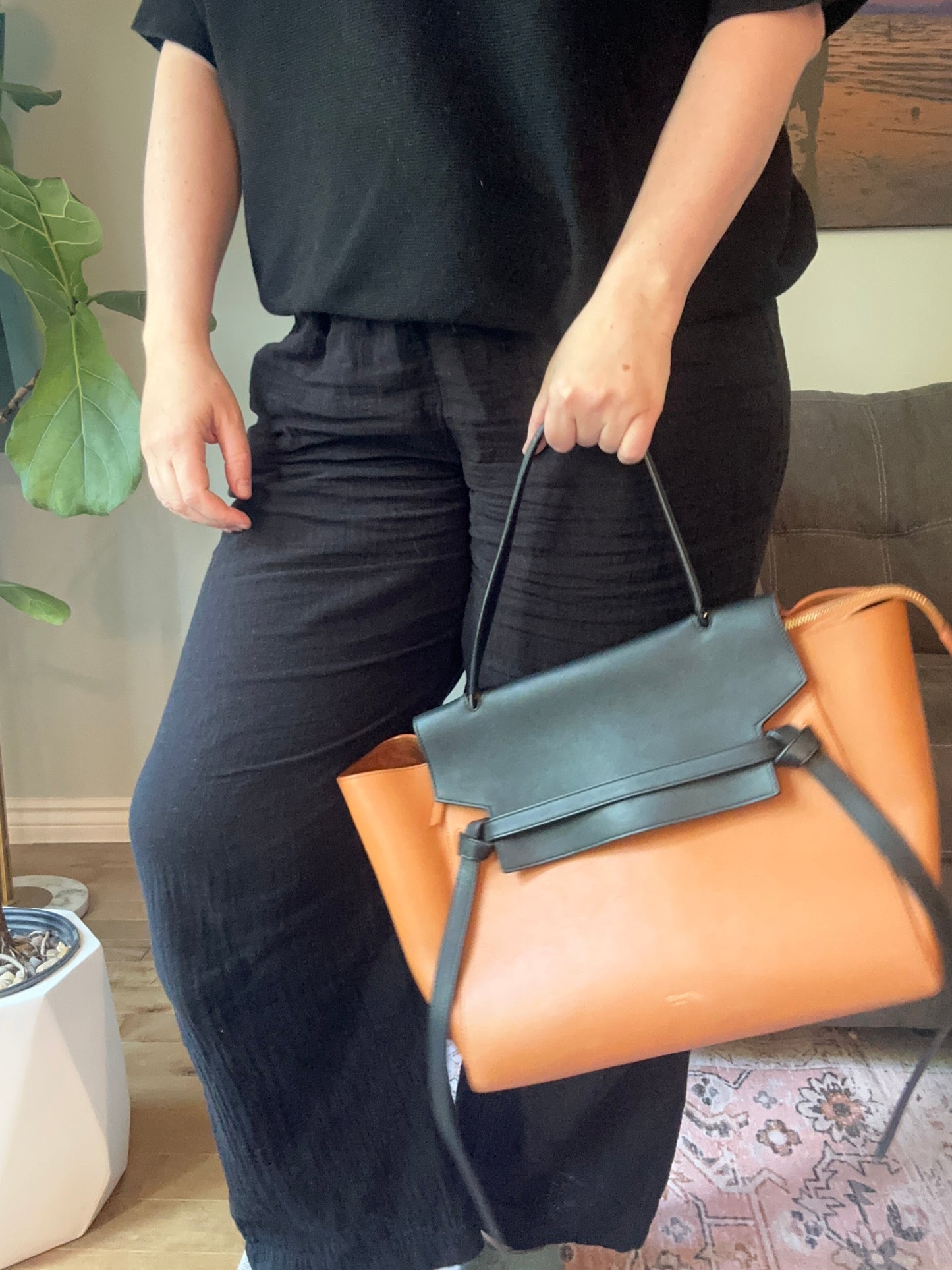 Céline large Belt bag in Camel brown and black calfskin leather