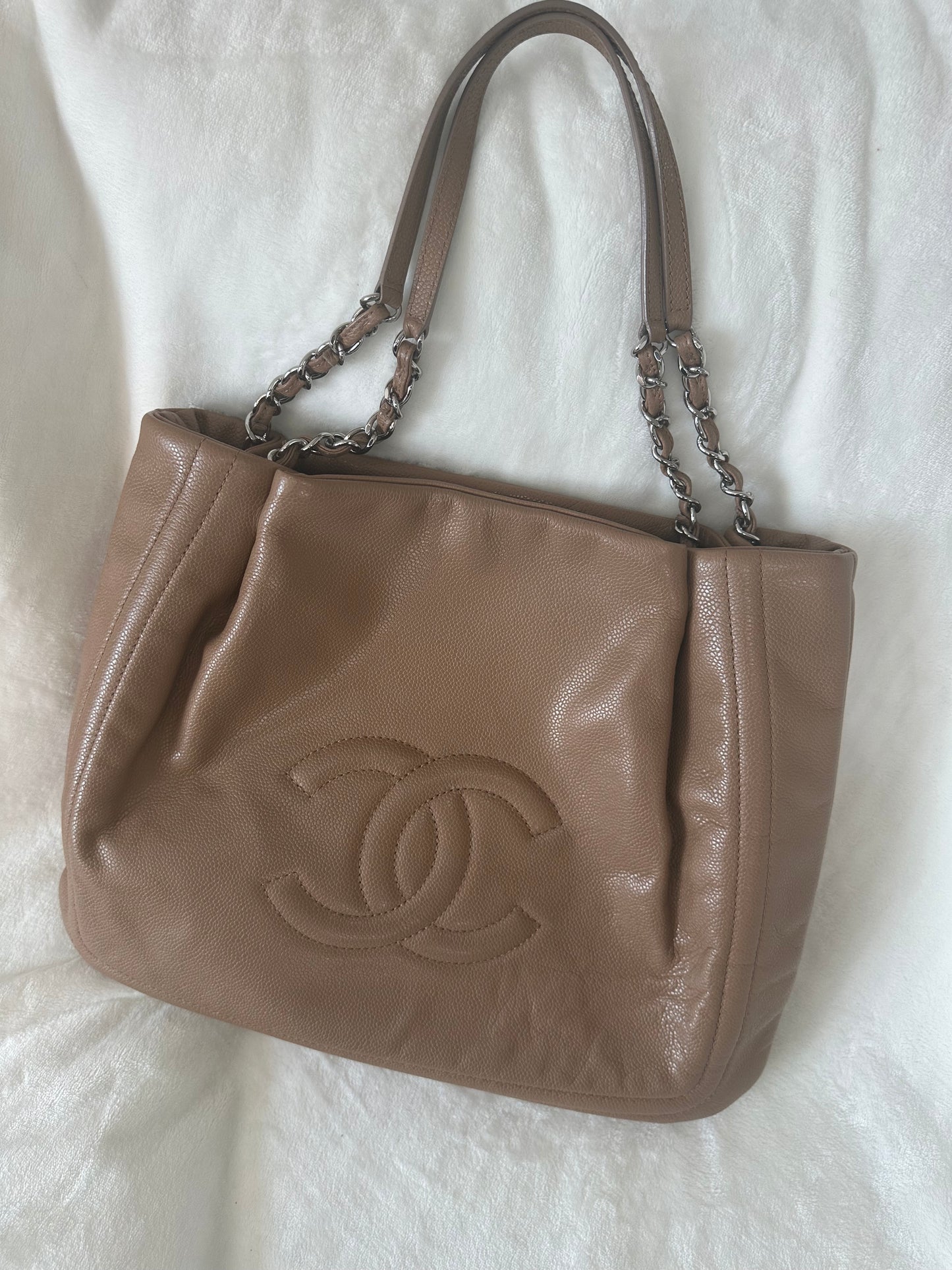 Chanel Pleated Timeless Tote in Tan Caviar Leather