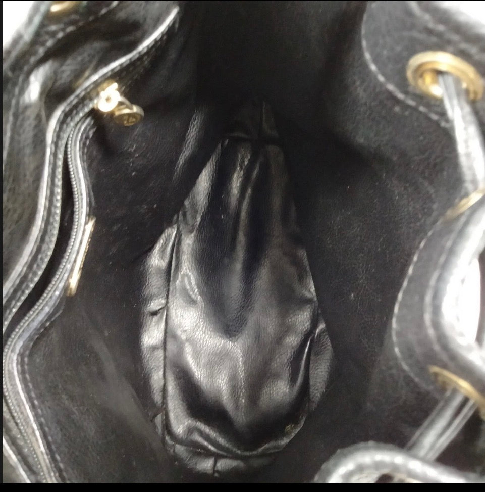 Vintage FENDI black leather bucket bag with gold hardware