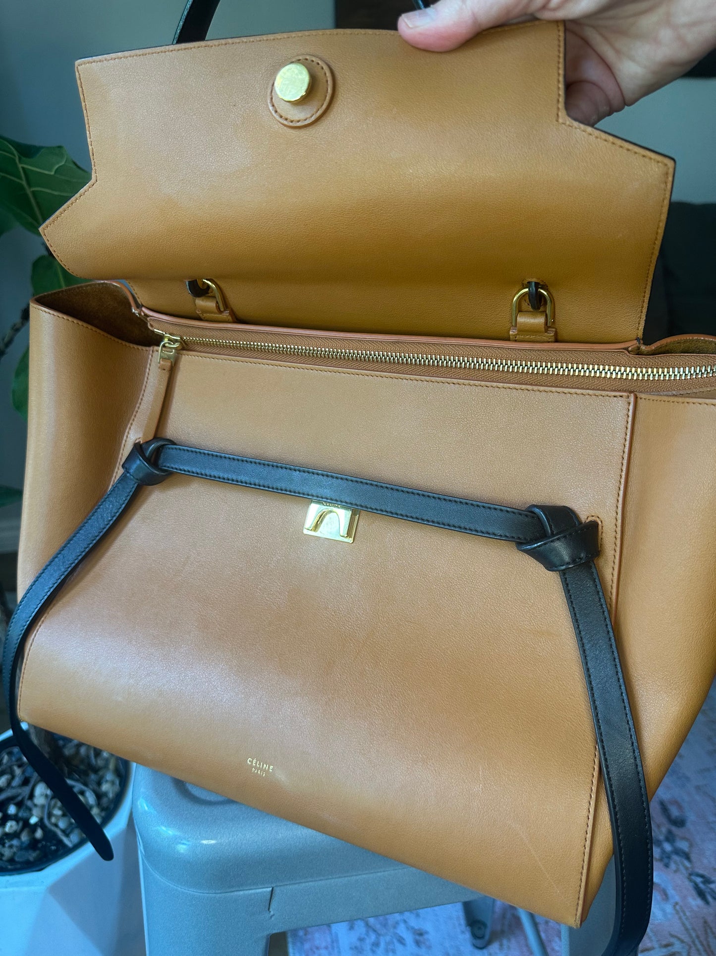 Céline large Belt bag in Camel brown and black calfskin leather