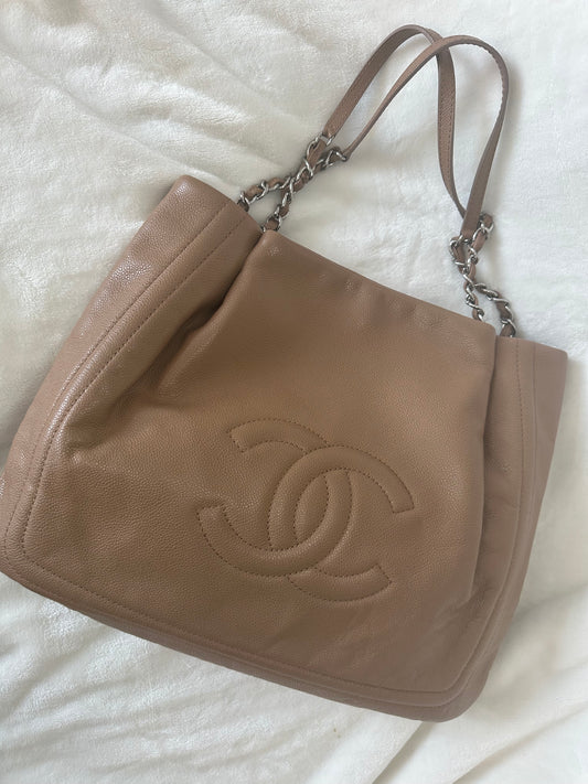 Chanel Pleated Timeless Tote in Tan Caviar Leather