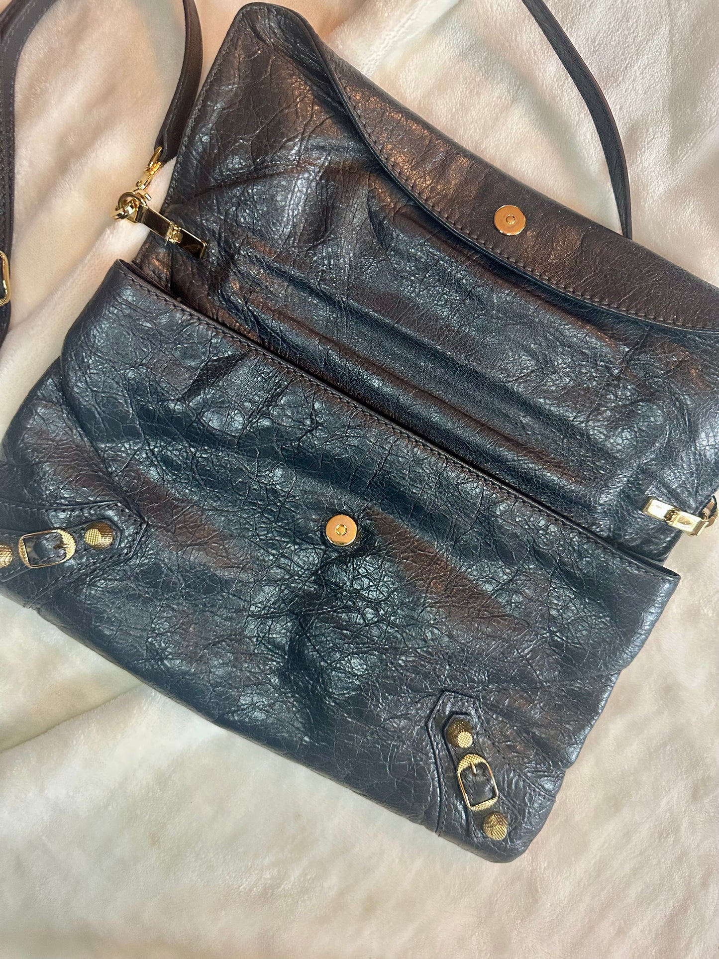 Balenciaga Dark Grey Shiny Calfskin Giant Envelope Crossbody Bag