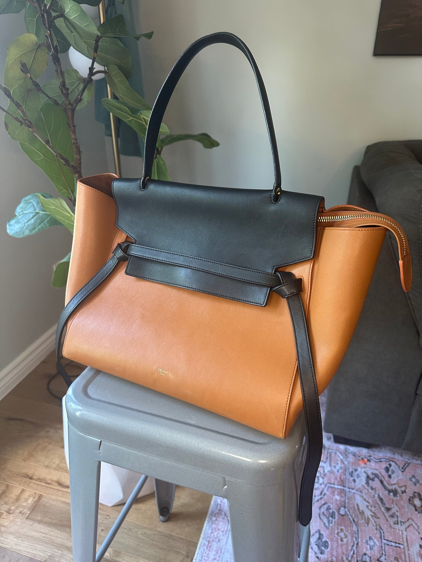 Céline large Belt bag in Camel brown and black calfskin leather