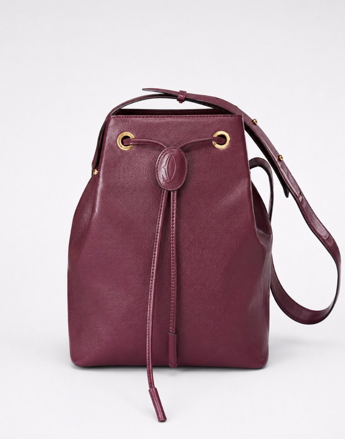Vintage Cartier Drawstring bucket bag in Bordeaux Calfskin Leather