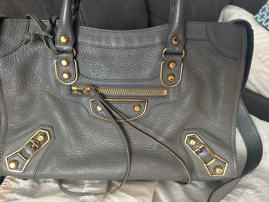 Balenciaga Small Grey Goatskin City Bag with Gold Metallic Edges