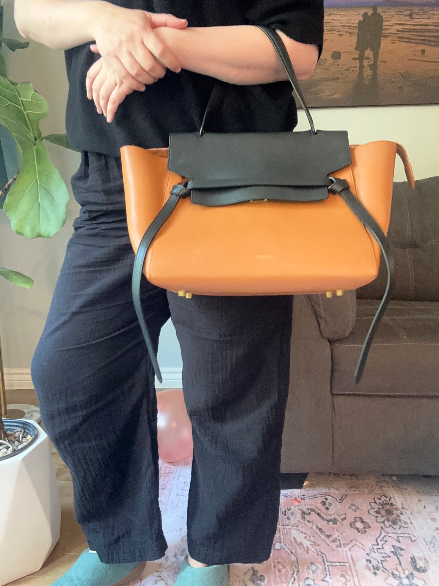 Céline large Belt bag in Camel brown and black calfskin leather