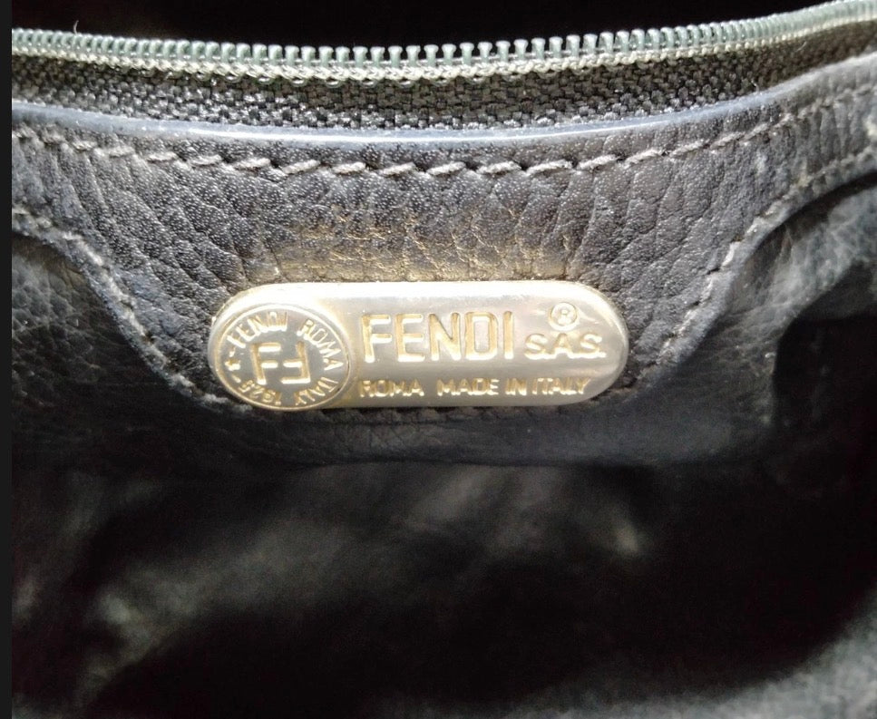 Vintage FENDI black leather bucket bag with gold hardware