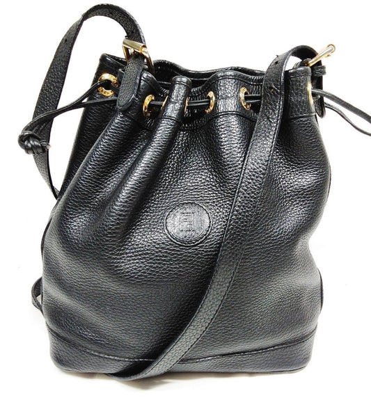 Vintage FENDI black leather bucket bag with gold hardware